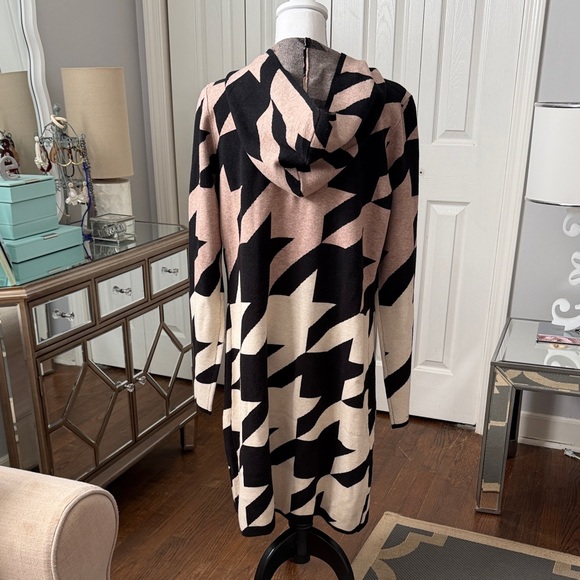 Belldini Black, Beige & Cream Long Houndstooth Hooded Cardigan M - Picture 2 of 8